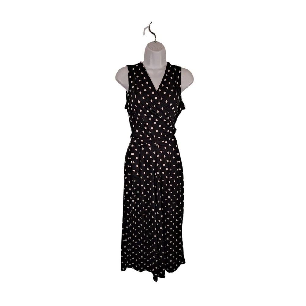 Nina Leonard Women's Surplice Culotte Polka-dot Jumpsuit Size S Cropped Black